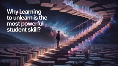 Why Learning to Unlearn is the most powerful student skill, a man standing on stairs with books in the sky
