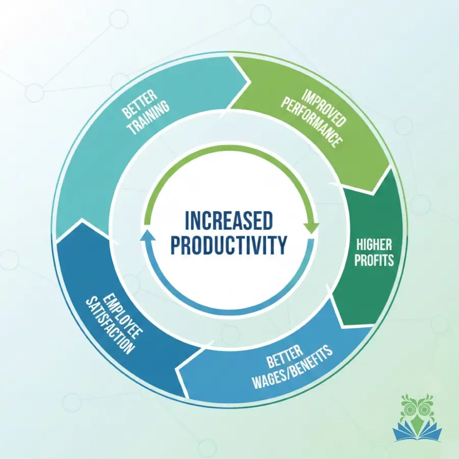 Harmony, Not Discord - Scientific Management Theory 2 Increased productivity cycle showing training, improved performance, higher profits, better wages, and employee satisfaction.