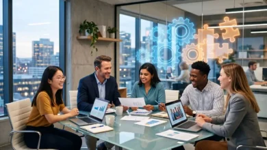 A diverse corporate team and manager collaborating around a table, illustrating the Scientific Management principle of cooperation not individualism.