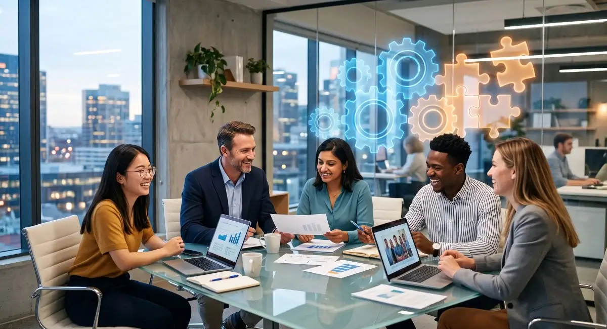 Co-operation, Not Individualism: The Heart of Scientific Management Theory 1 A diverse corporate team and manager collaborating around a table, illustrating the Scientific Management principle of cooperation not individualism.