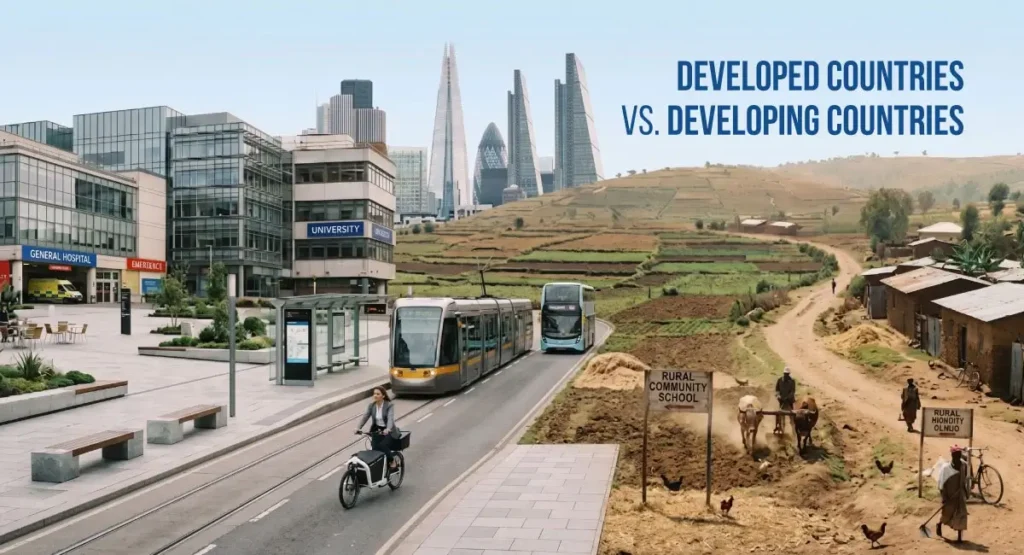 Difference Between Developed Countries and Developing Countries 1 Visual representation showing the difference between developed countries and developing countries through a side-by-side comparison of modern urban infrastructure and traditional rural lifestyle.