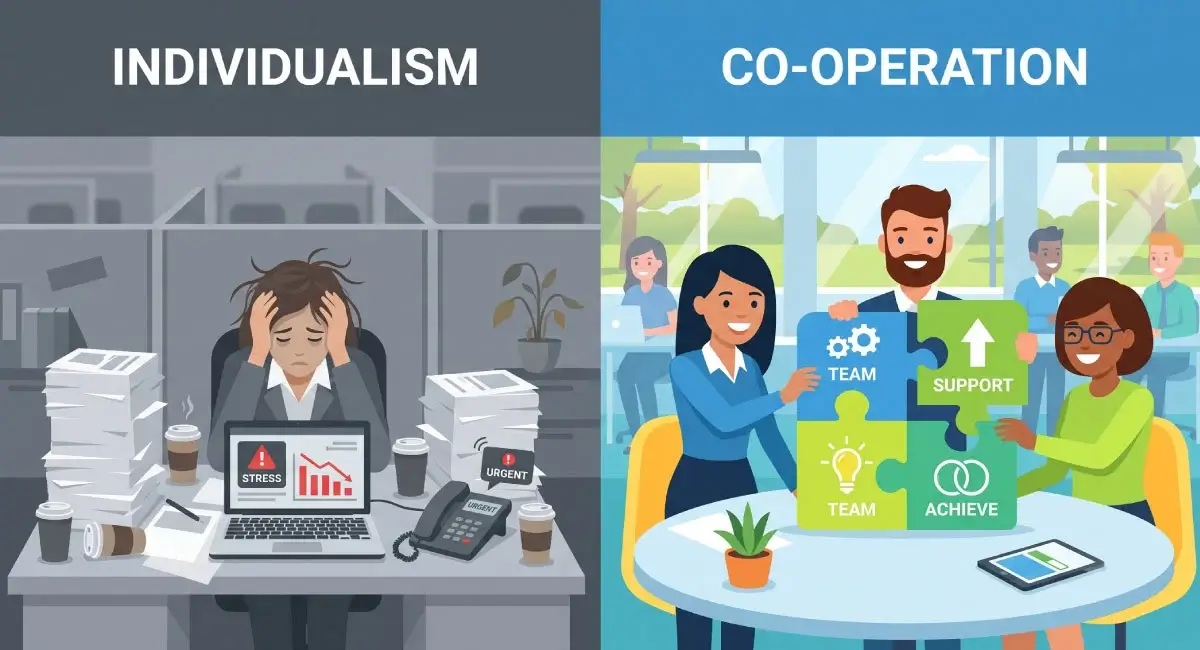 Co-operation, Not Individualism: The Heart of Scientific Management Theory 2 A side-by-side comparison of a stressed employee working alone under individualism versus a happy team working together under cooperation.