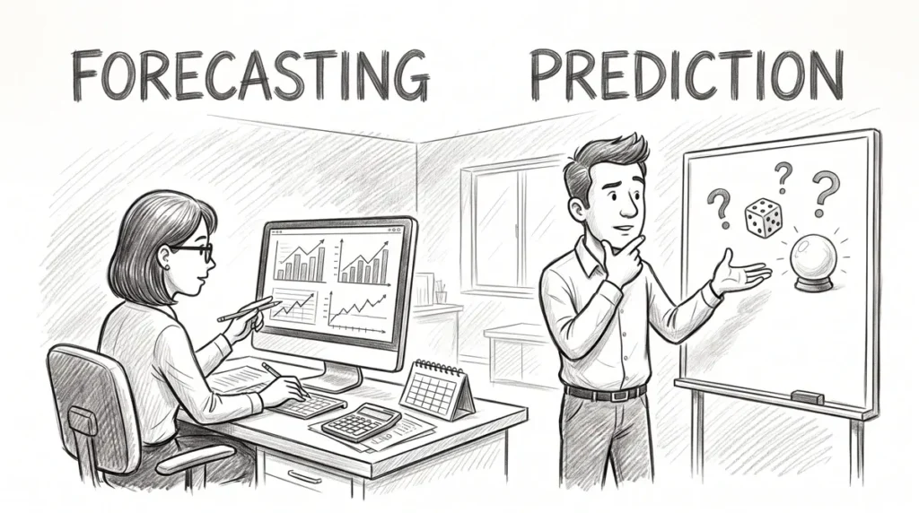 A visual comparison highlighting the difference between forecasting (data-driven & historical) and prediction (intuition & estimation).