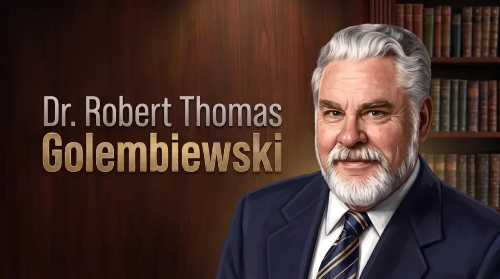 Dr. Robert T. Golembiewski - A Legacy in Public Administration & Organizational Development 1 Editorial portrait illustration of Dr. Robert Thomas Golembiewski, scholar and pioneer in public administration and organizational development.