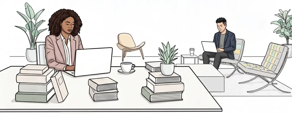 Sitemap illustration for higher education in business, public administration, and HRM with students researching on laptops.