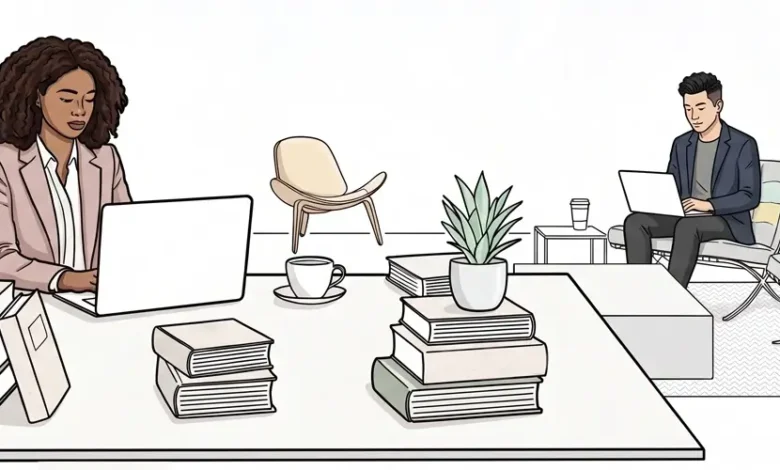 Sitemap illustration for higher education in business, public administration, and HRM with students researching on laptops.